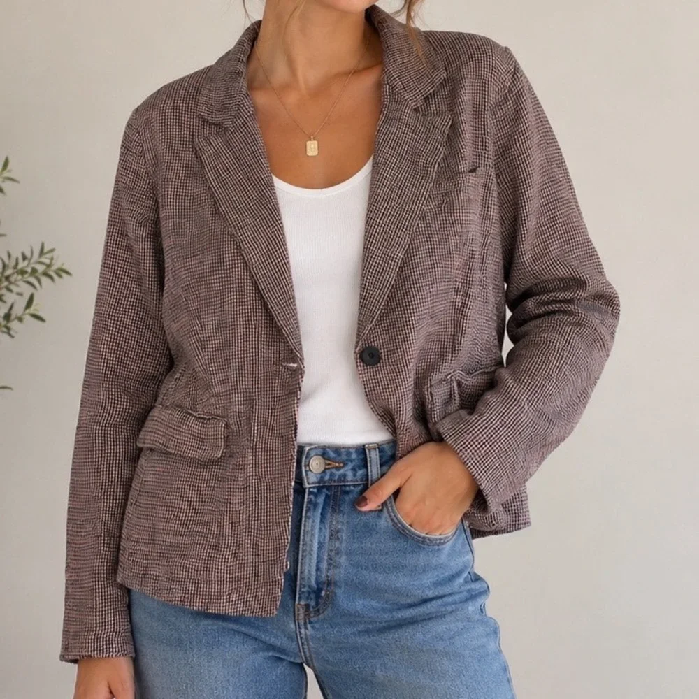 Free‎ People Linen Houndstooth Single Button Blazer Jacket Neutral Red Large t3